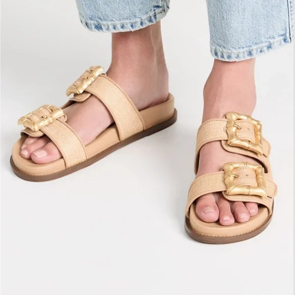 SCHUTZ Enola Natural Sporty Slide Sandals Women's Gold Buckle Sandals Size 8.5 - Picture 3 of 11